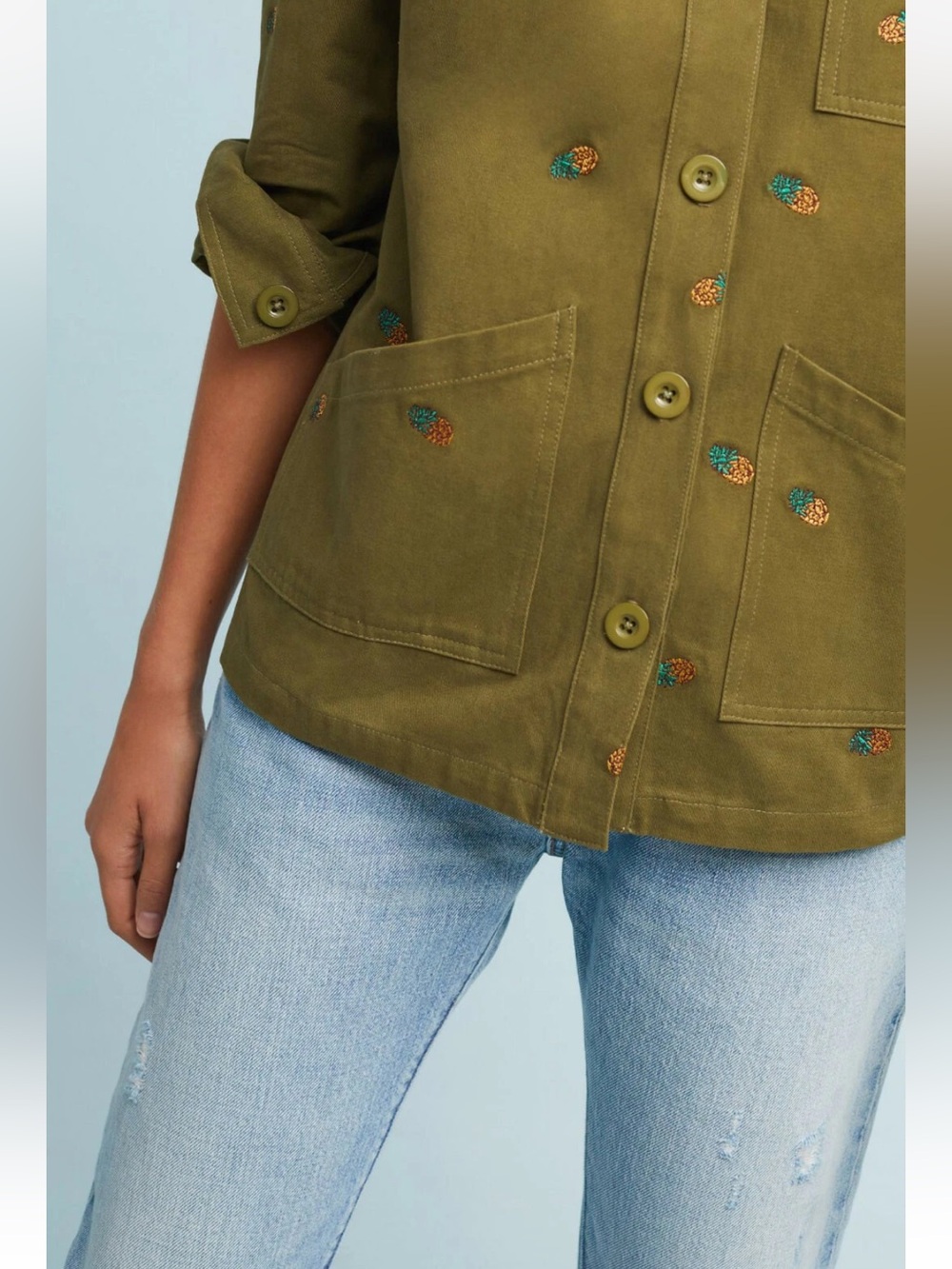 Anthropologie Seen Worn Kept  green Embroidered pineapple Utility Jacket NWOT